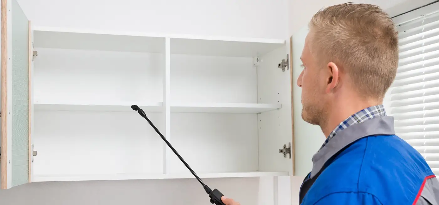 A technician spraying inside empty cupboards